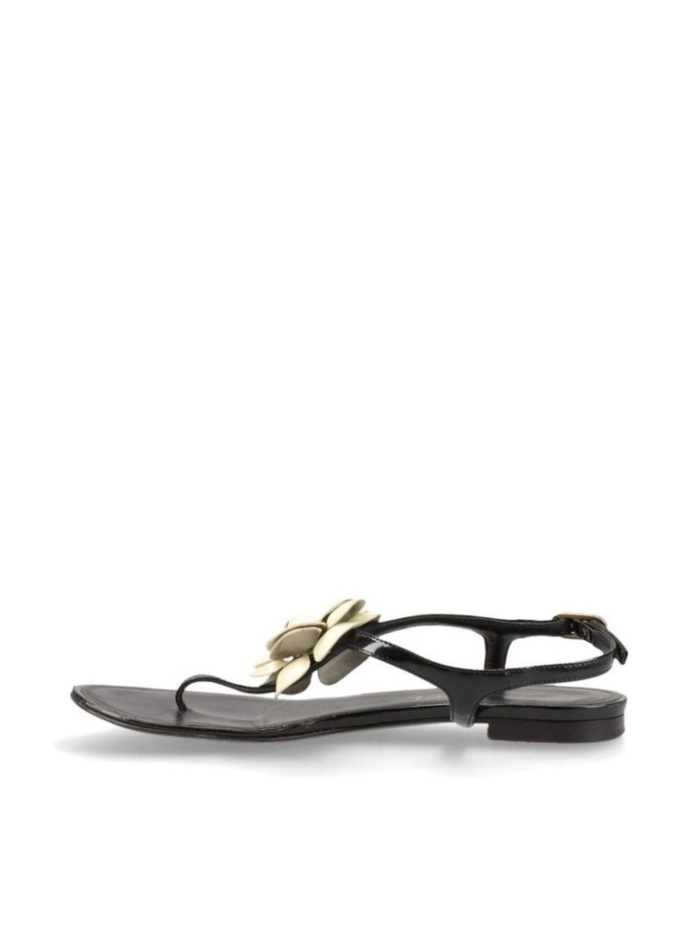 Chanel Coco Mark Camellia Patent Leather Sandals 35 C Black And Ivory - Picture 6 of 15